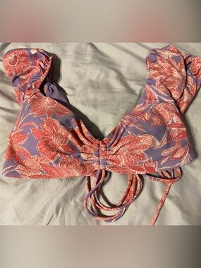 Time and Tru Purple and Red Floral Ruffled Bikini Top